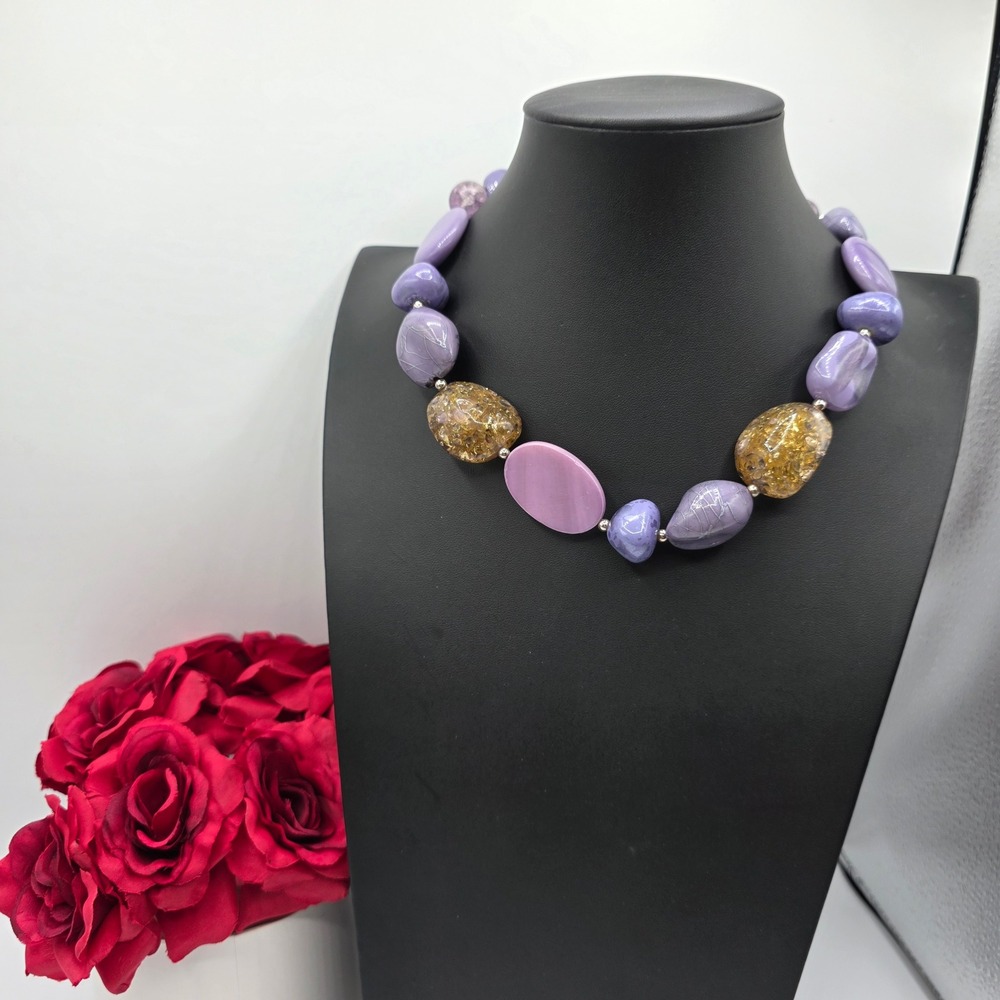 Macy's Purple & Amber Chunky Resin Bead Statement Necklace Adjustable New Trendy